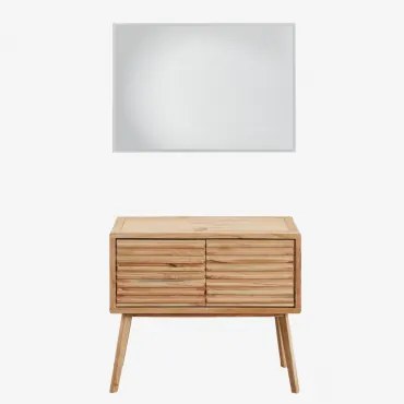 Drewniany Zestaw Mebli Łazienkowych Deleyna Naturalna & Without Sink & Prostokątna Lampa Led I Przeciwmgielna 100x70 Cm Riben & Bez Kranu - Sklum