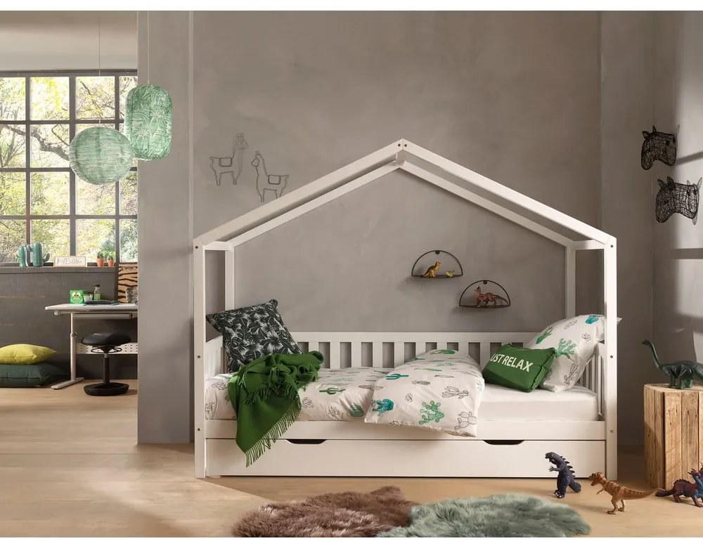 Białe łóżko dziecięce z litego drewna sosnowego w kształcie domku z wysuwanym łóżkiem ze schowkiem 90x200 cm DALLAS – Vipack