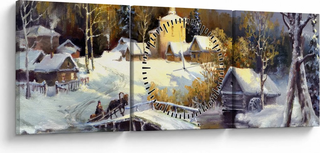Obraz - Zimowe miasteczko (z zegarem) (90x30 cm)