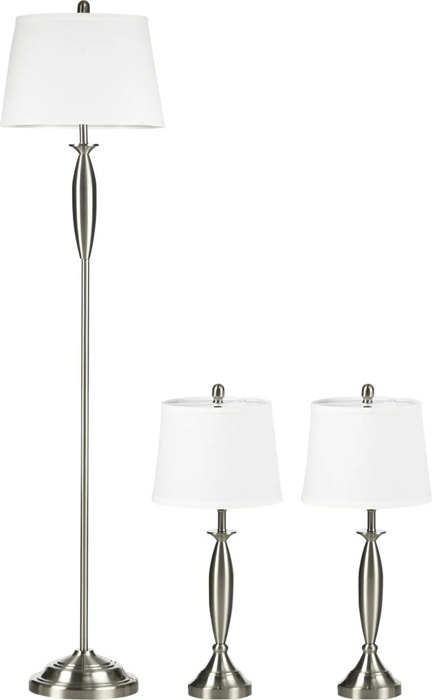 HOMCOM Zestaw 3 Lamp Srebrno Białe 1 Lampa Podłogowa 2 Lampy Stołowe Wykończenie Tkaninowe 38x38x158cm | Aosom PL