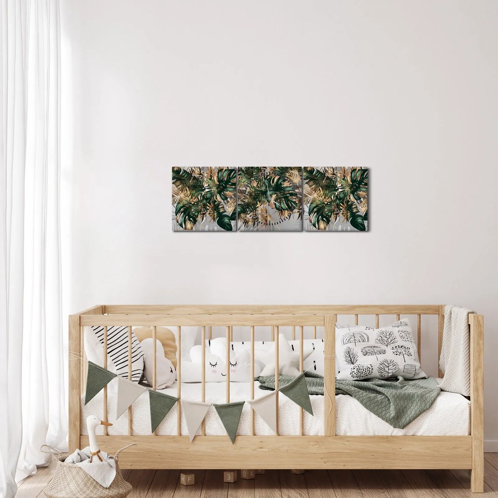 Obraz - Złoto - zielone tropikalne liście (z zegarem) (90x30 cm)