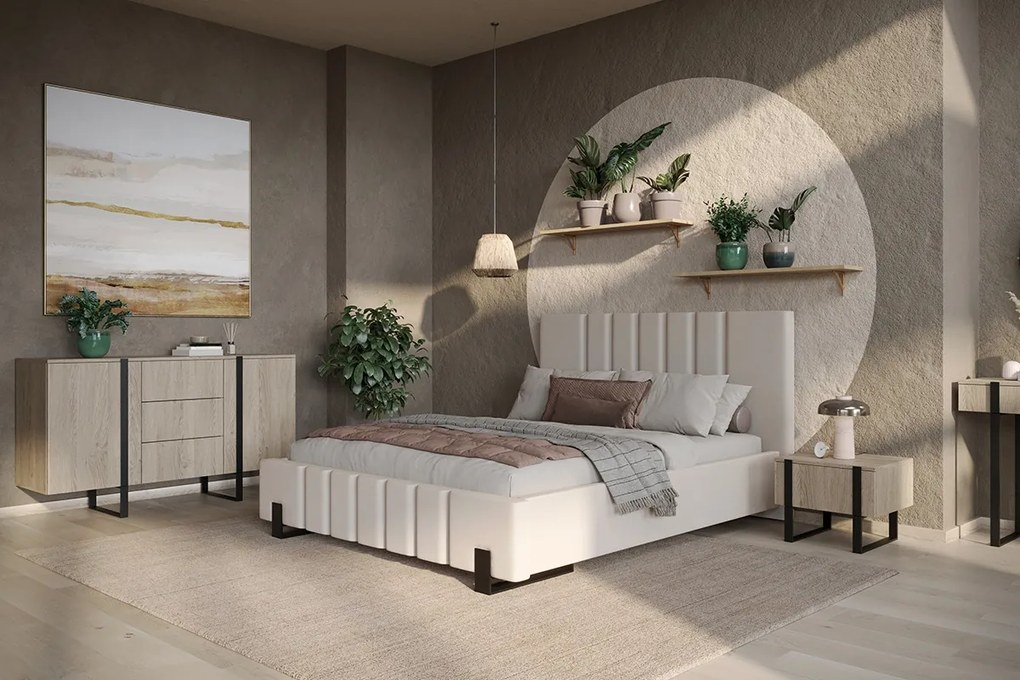 Komoda Verica 150 cm dwudrzwiowa z szufladami - dąb biszkoptowy / czarne nóżki