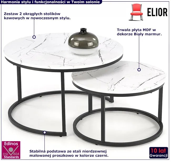 Zestaw okrągłych stolików biały kawowych marmur T5-B45