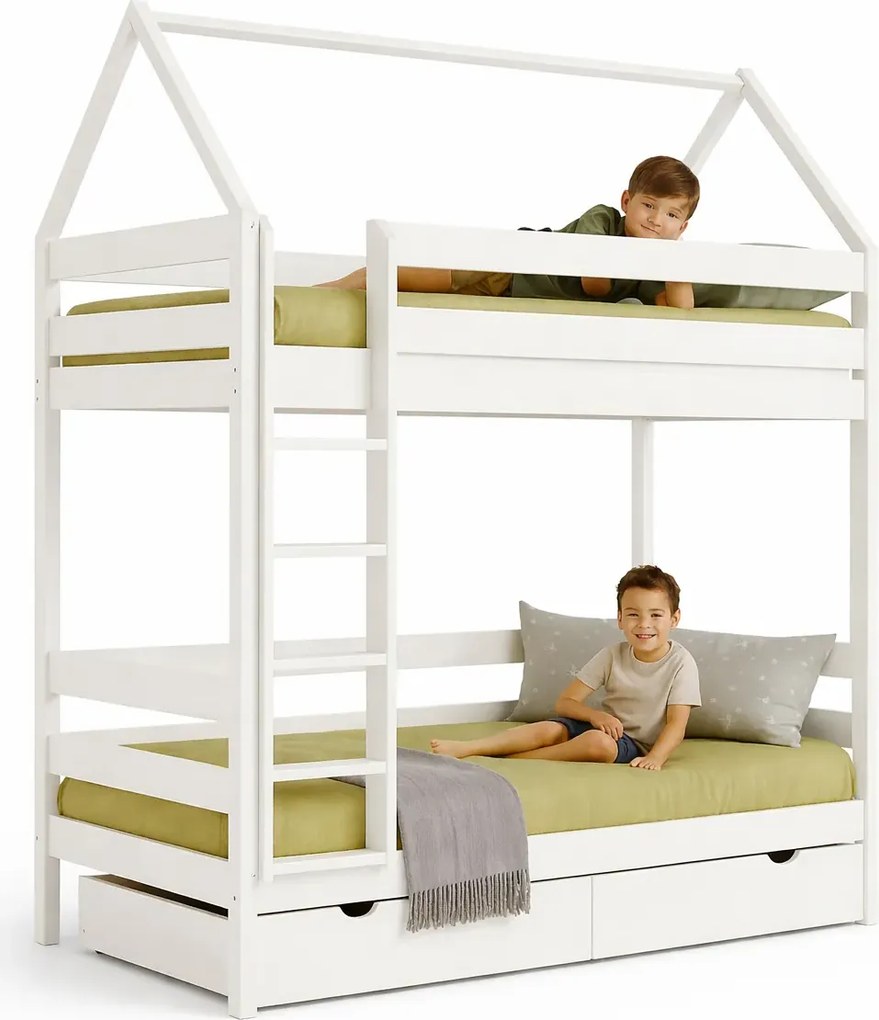 Białe piętrowe łóżko domek z 2 szufladami S4-D97