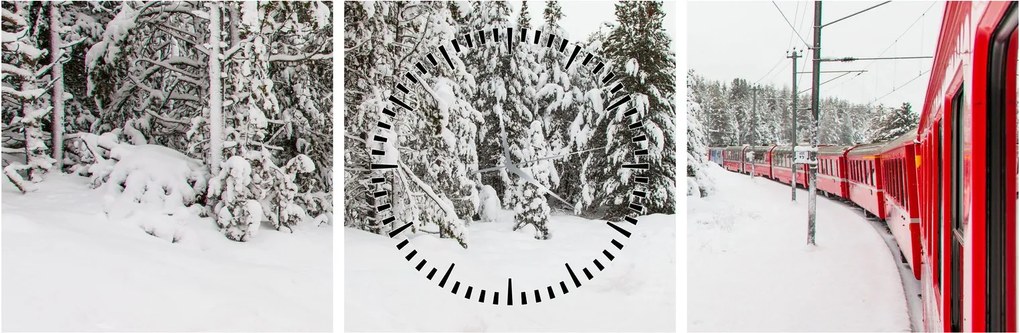 Obraz - Pociąg w zaśnieżonym krajobrazie (z zegarem) (90x30 cm)