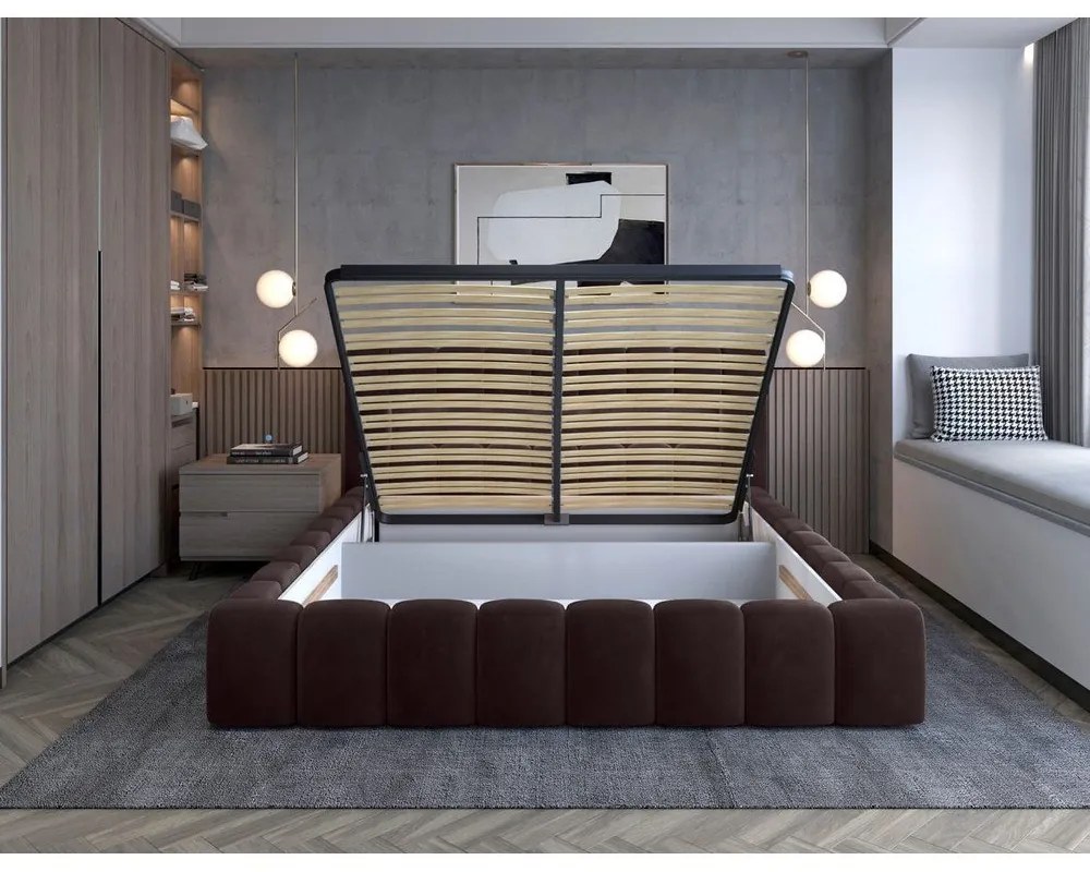 Ciemnobrązowe tapicerowane łóżko dwuosobowe ze schowkiem ze stelażem 180x200 cm Lamica – ELTAP