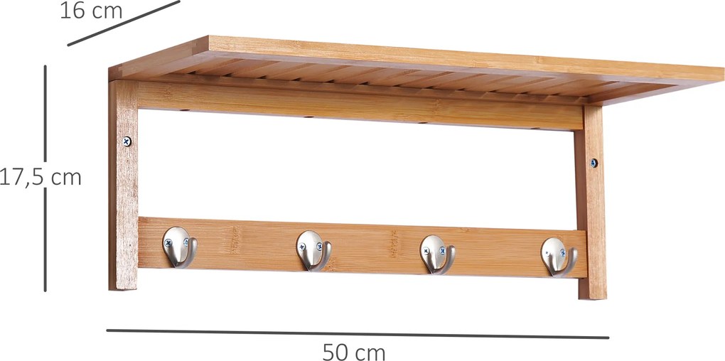 HOMCOM Wieszak ścienny z haczykami, montaż ścienny oszczędzający miejsce, nośność 5 kg, 50 x 16 x 17,5 cm drewno naturalne