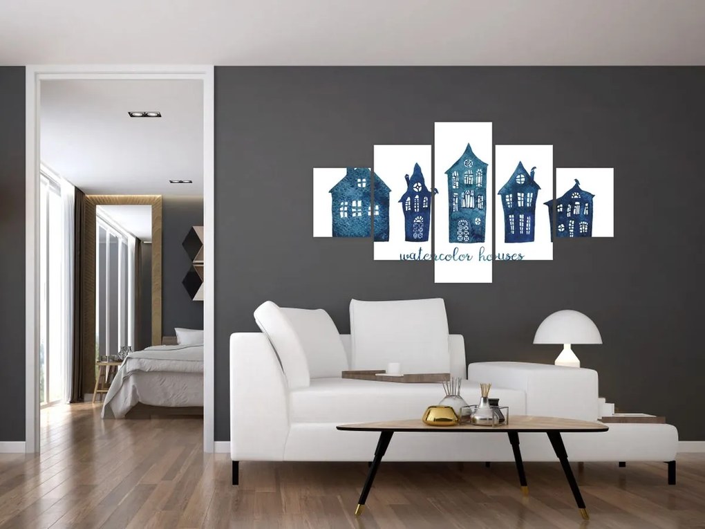 Obraz - Niebieskie domy akwarelowe (125x70 cm)