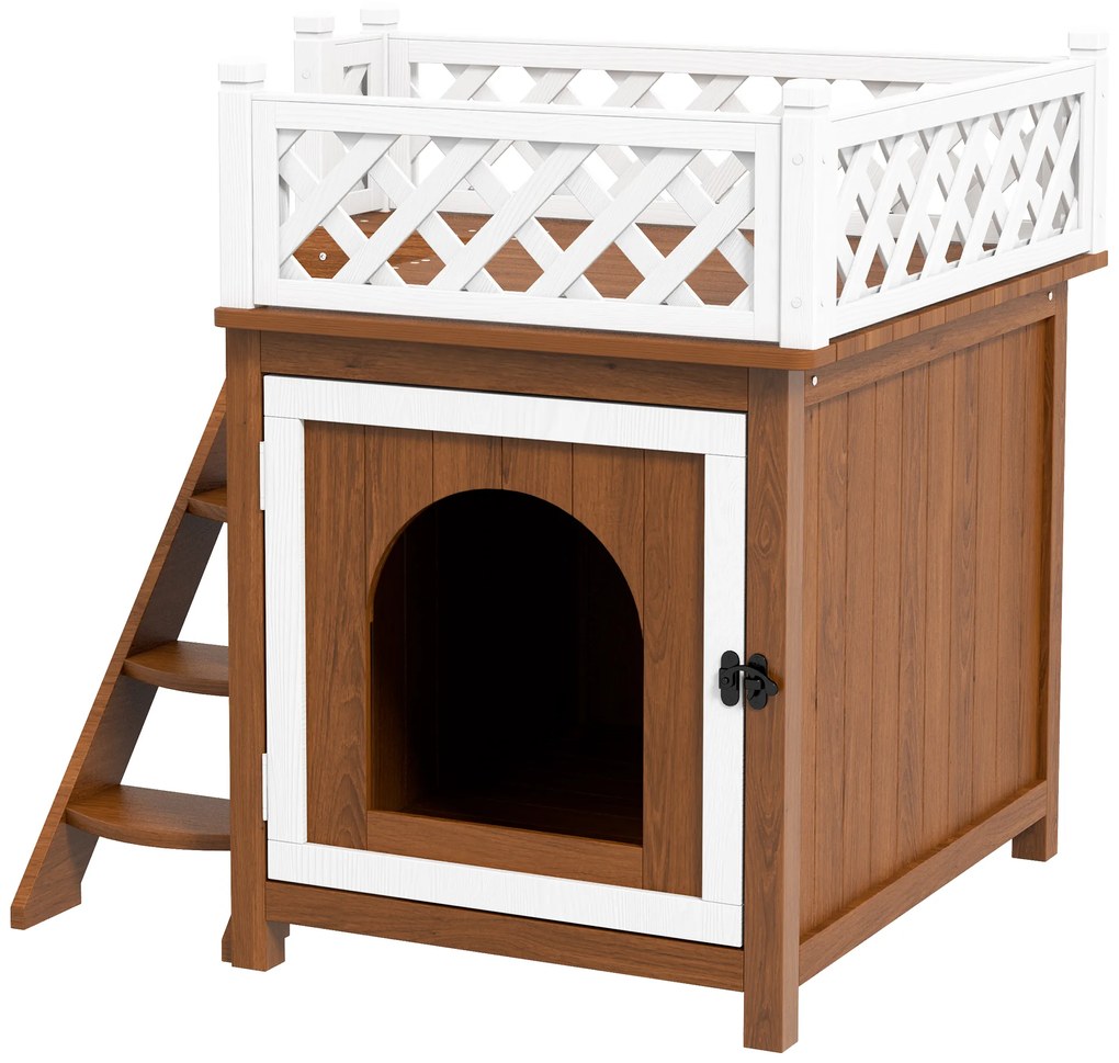 PawHut Dwupoziomowy Domek dla Kota z Balkonem i Schodami, dla Wewnątrz i Na Zewnątrz, dla Kotów i Królików, Drewno Świerkowe, Brązowy