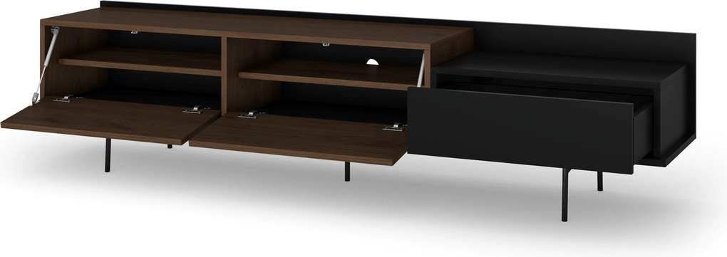 Szafka RTV Zenar 200 cm z metalowymi nogami i szufladą - orzech elegant / czarny