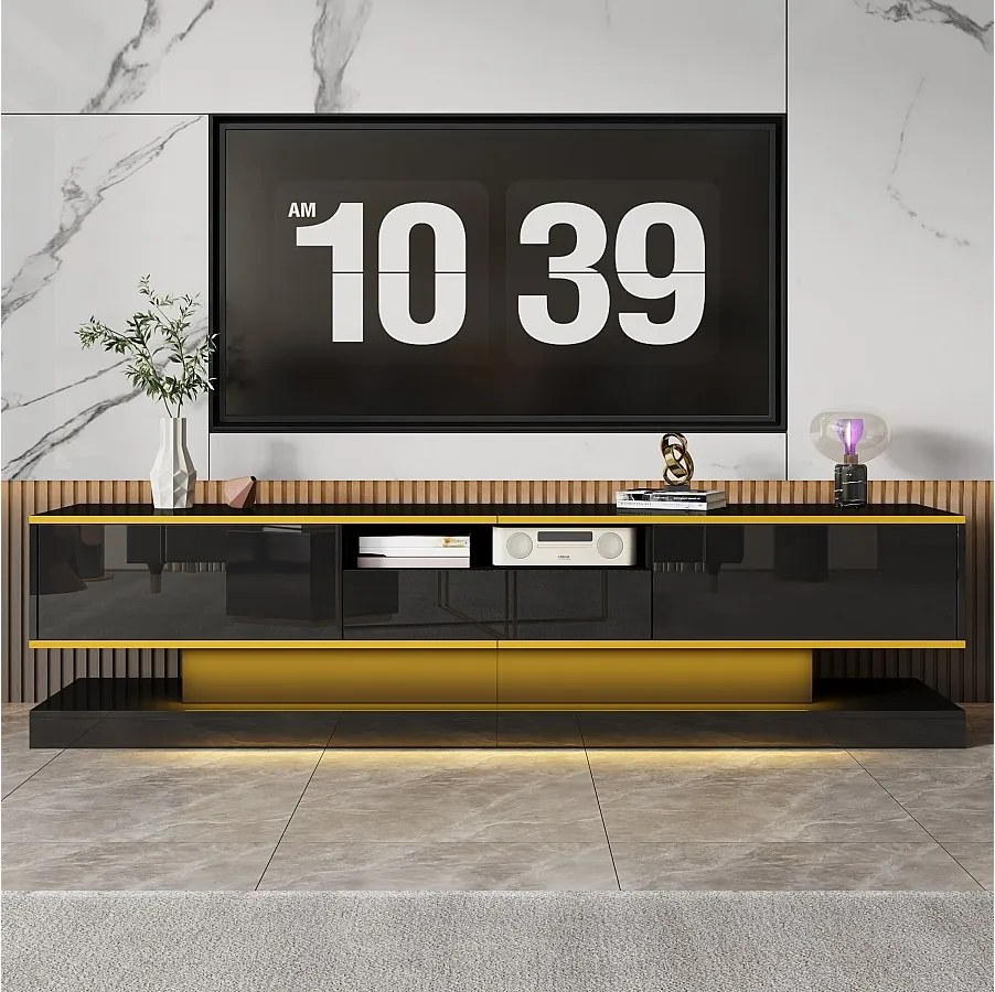 Szafa RTV do salonu, czarna szafka RTV z 3 szufladami i 1 otwartą przegrodą, oświetlenie LED