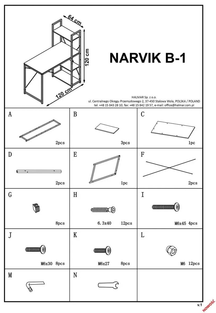 Biurko NARVIK B1 biały/dąb sonoma HALMAR