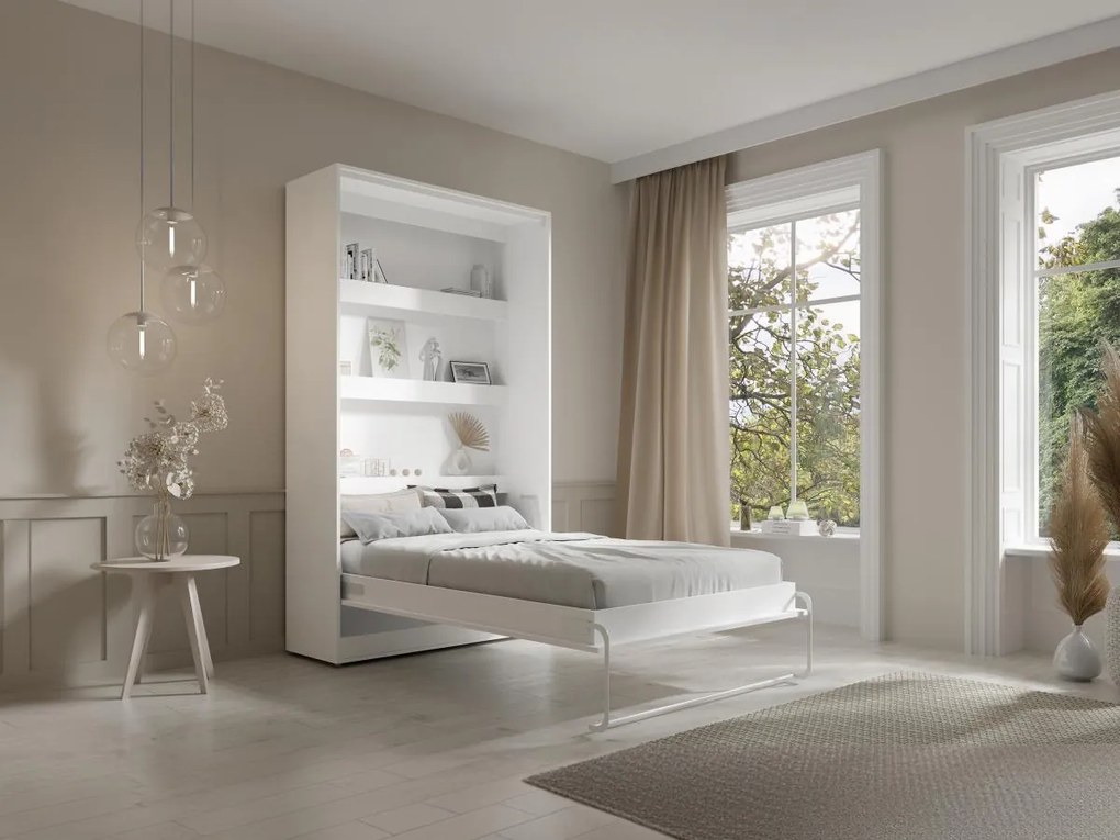 Łóżko chowane w szafie 120 × 200 cm – Otwieranie pionowe manualne – Oświetlenie LED – Białe + Materac – RAPILI