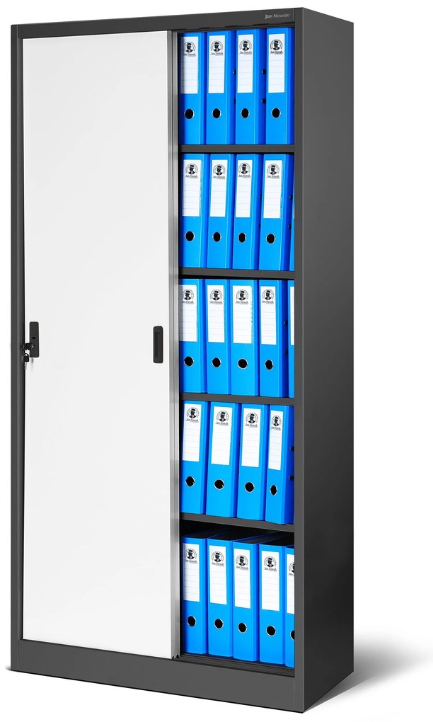 Biurowa szafa metalowa z drzwiami przesuwnymi KUBA, 900 x 1850 x 400 mm, antracytowo-biała