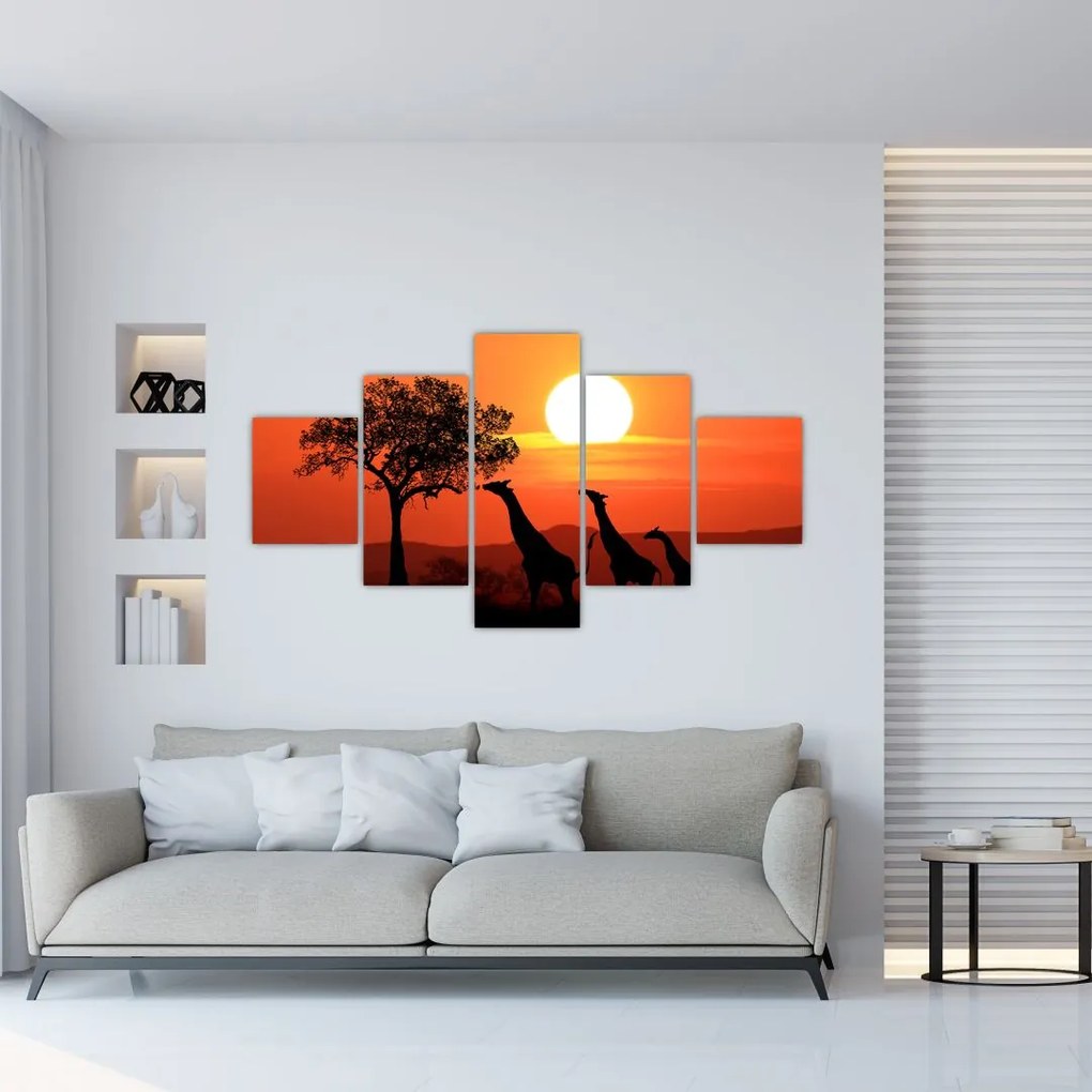 Obraz żyraf o zachodzie słońca (125x70 cm)