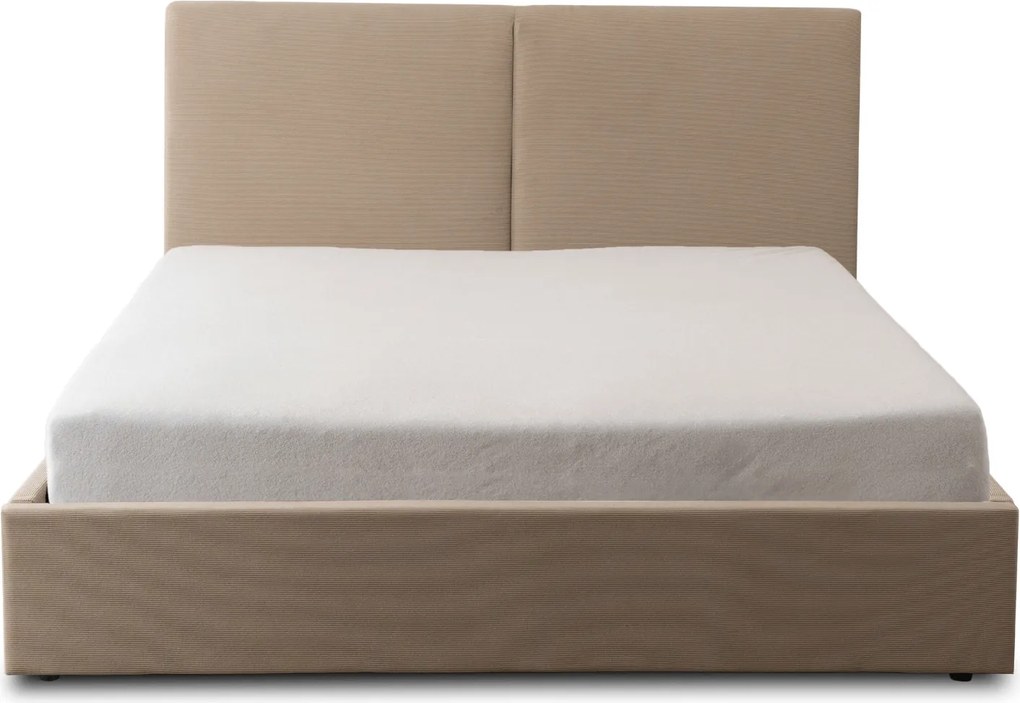 Łóżko Tapicerowane 140x200 cm MARSYLIA ze Stelażem i Pojemnikiem Dwuosobowe Sztruksowe Beżowe