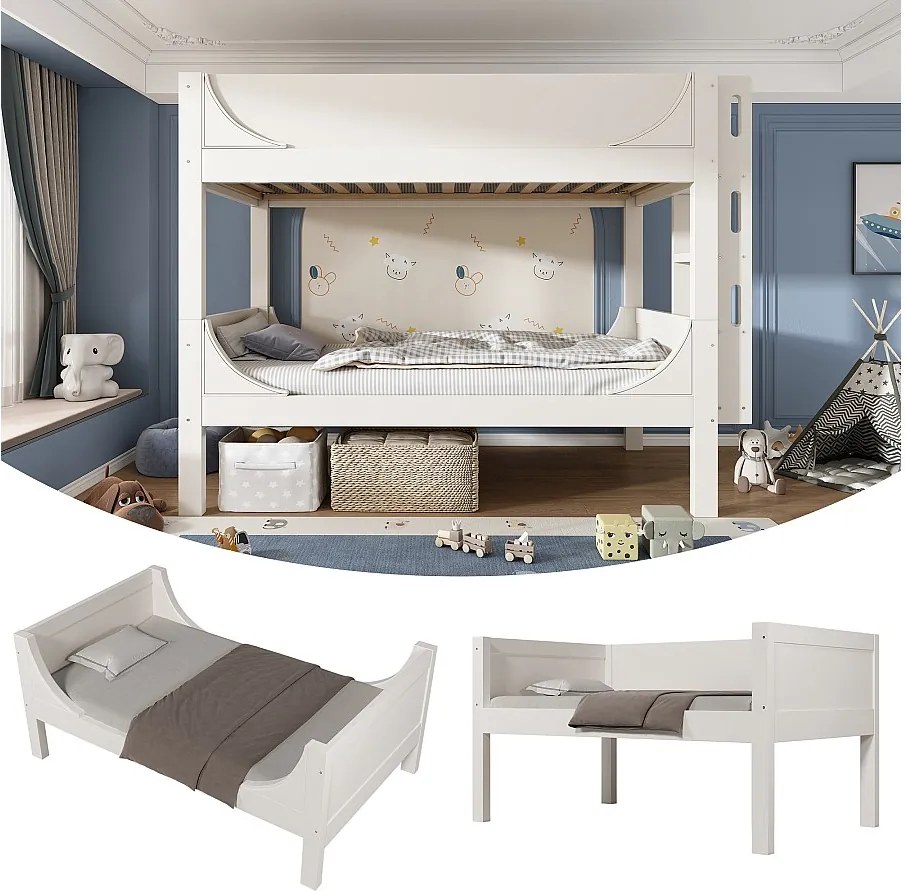 Łóżko piętrowe dla dzieci - 2 x 90 x 200 cm - łóżko rozkładane i regulowane, drabinka - Metal + drewno - białe