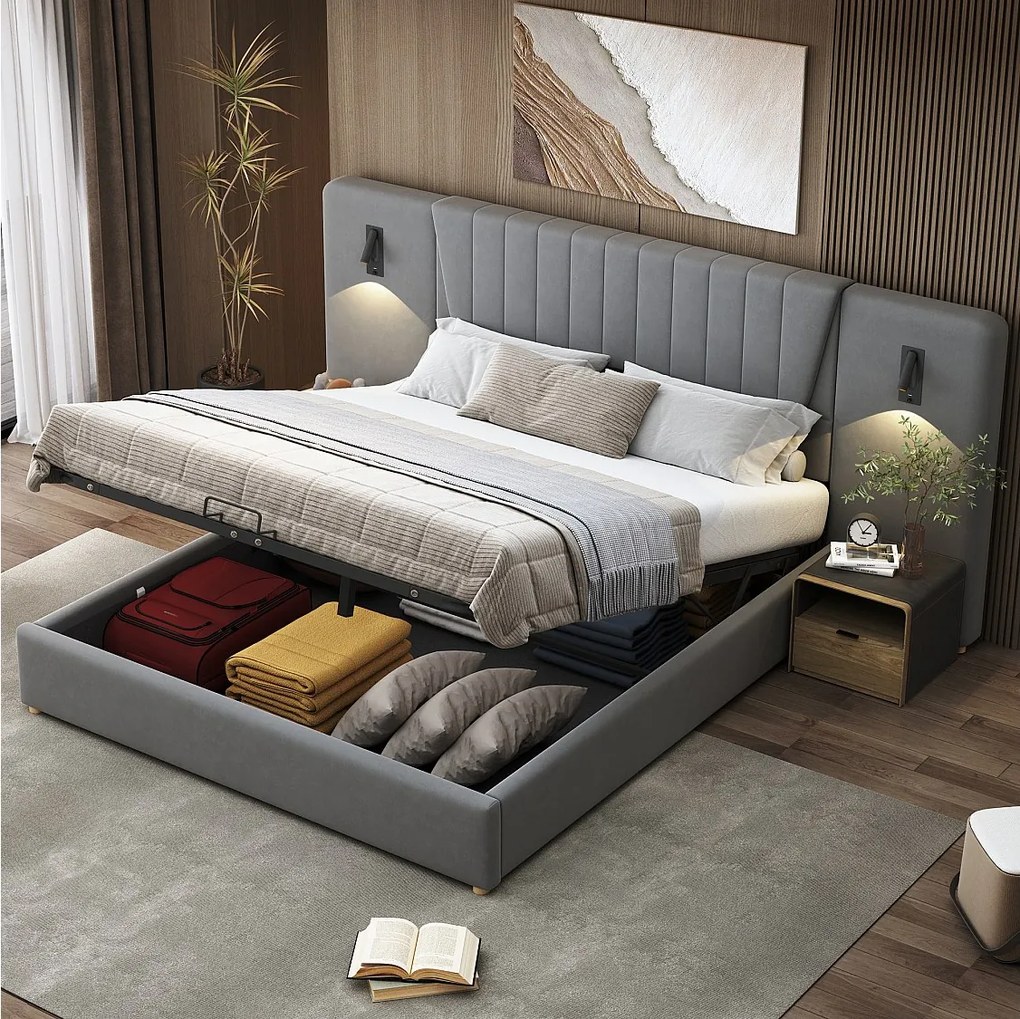 Łóżko z pojemnikiem na pościel 180 x 200 cm - z zagłówkiem, portem USB, stelaż - aksamit - szare - materac nie jest wliczony w cenę