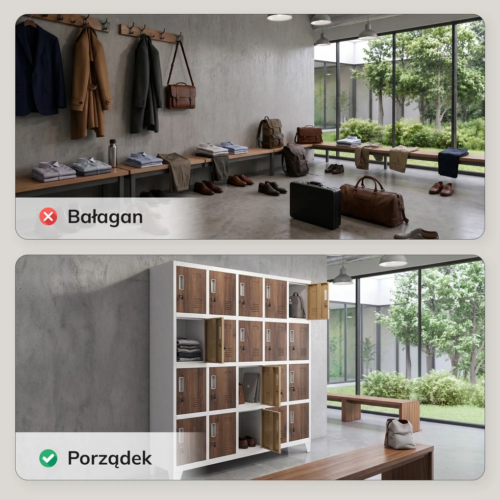 Szafa skrytkowa socjalna BHP biała / orzech: Eco Design ROBERT, 1360 x 1720 x 450 mm