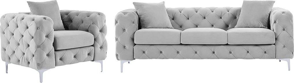 Kanapa 3 osobowa i fotel welurowy jasnoszary - EDWINA