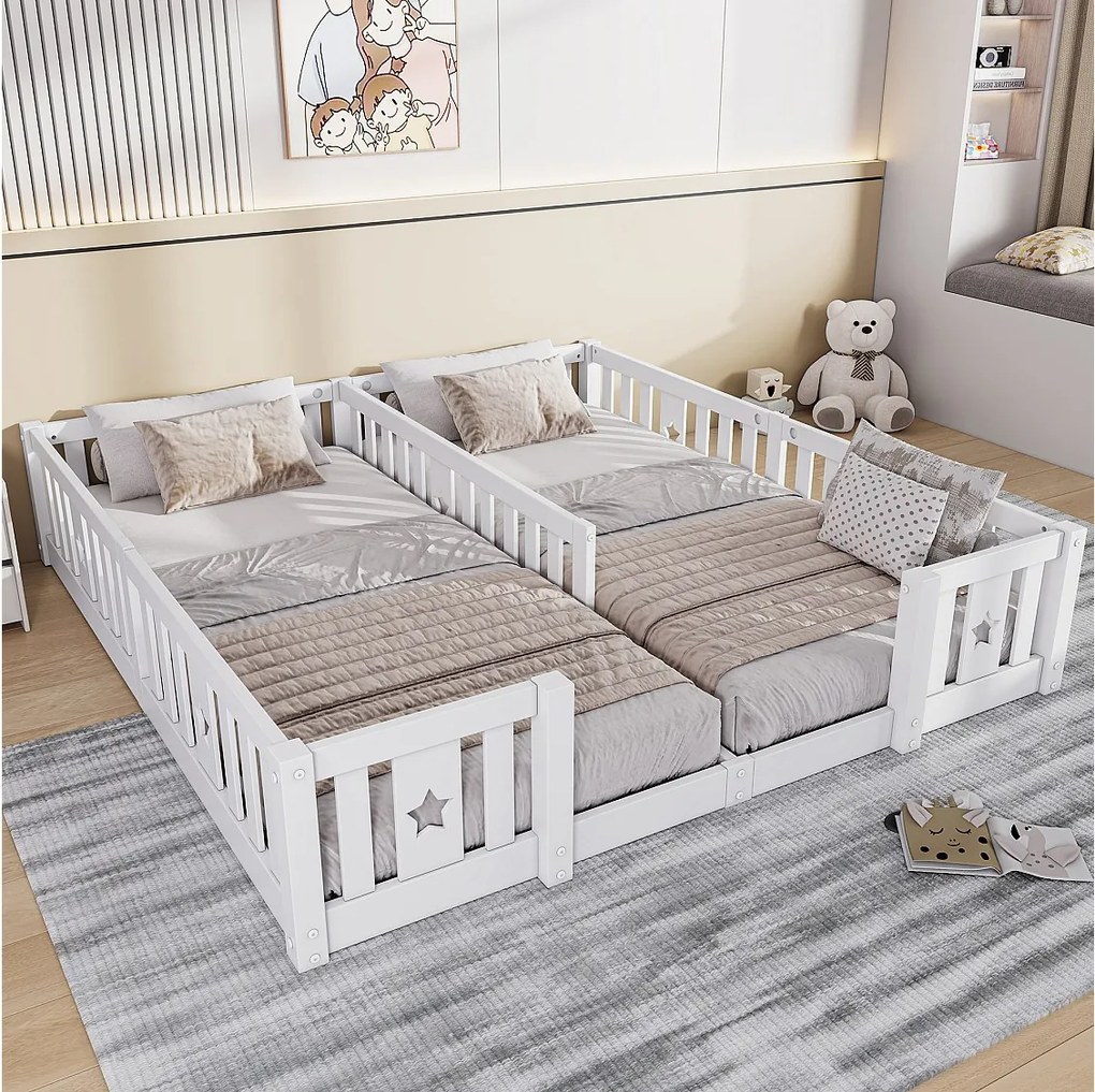 Łóżko podwójne dla dzieci 180x200 cm, lite drewno sosnowe, łóżeczko w kształcie gwiazdy z szczebelkami, łóżko kabinowe, zabezpieczenie przed upadkiem – białe