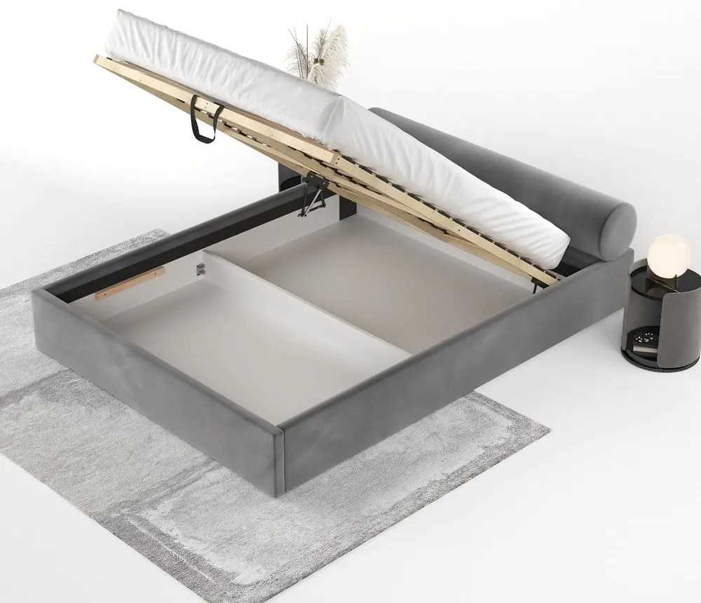Ciemnoszare tapicerowane łóżko dwuosobowe ze schowkiem i stelażem 180x200 cm Solvo – Maison de Rêve