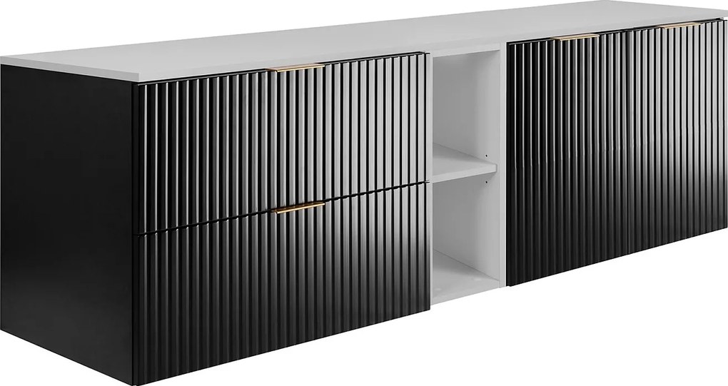 Zestaw łazienkowy: szafka z szufladami, szafka z drzwiami i regał 57×46×180 cm, kolor: biały / czarny, uchwyt złoty