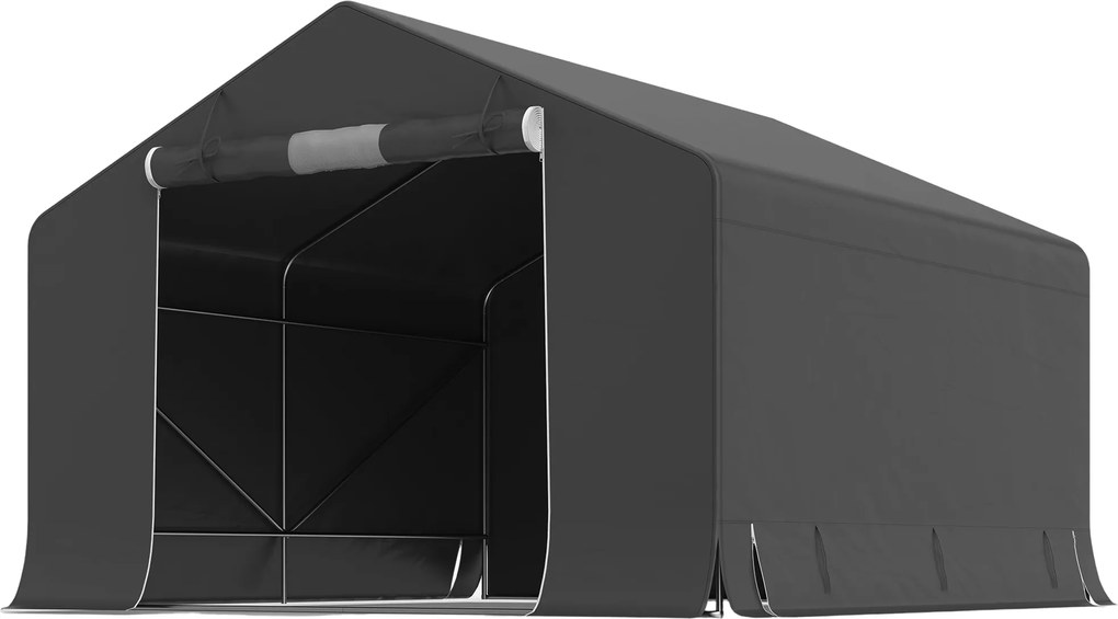 Outsunny Przenośny domek ogrodowy, namiot na rowery, rolowane drzwi na zamek błyskawiczny, metalowy stelaż, wszechstronne przechowywanie, ciemnoszary | Aosom PL