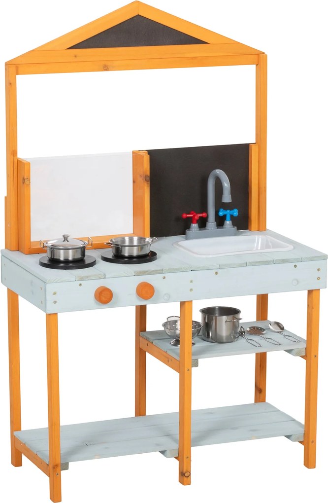 AIYAPLAY Kuchnia do zabawy w błocie dla dzieci, ogrodowa drewniana kuchnia z płytą grzewczą, wyjmowanym zlewem i półkami, dla dzieci 3–8 lat, jasnoniebieska | Aosom PL
