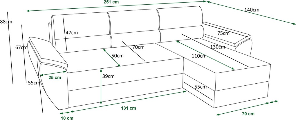 Rozkładana narożna sofa TAVERO 251x140 cm, ciemnoróżowa, uniwersalna
