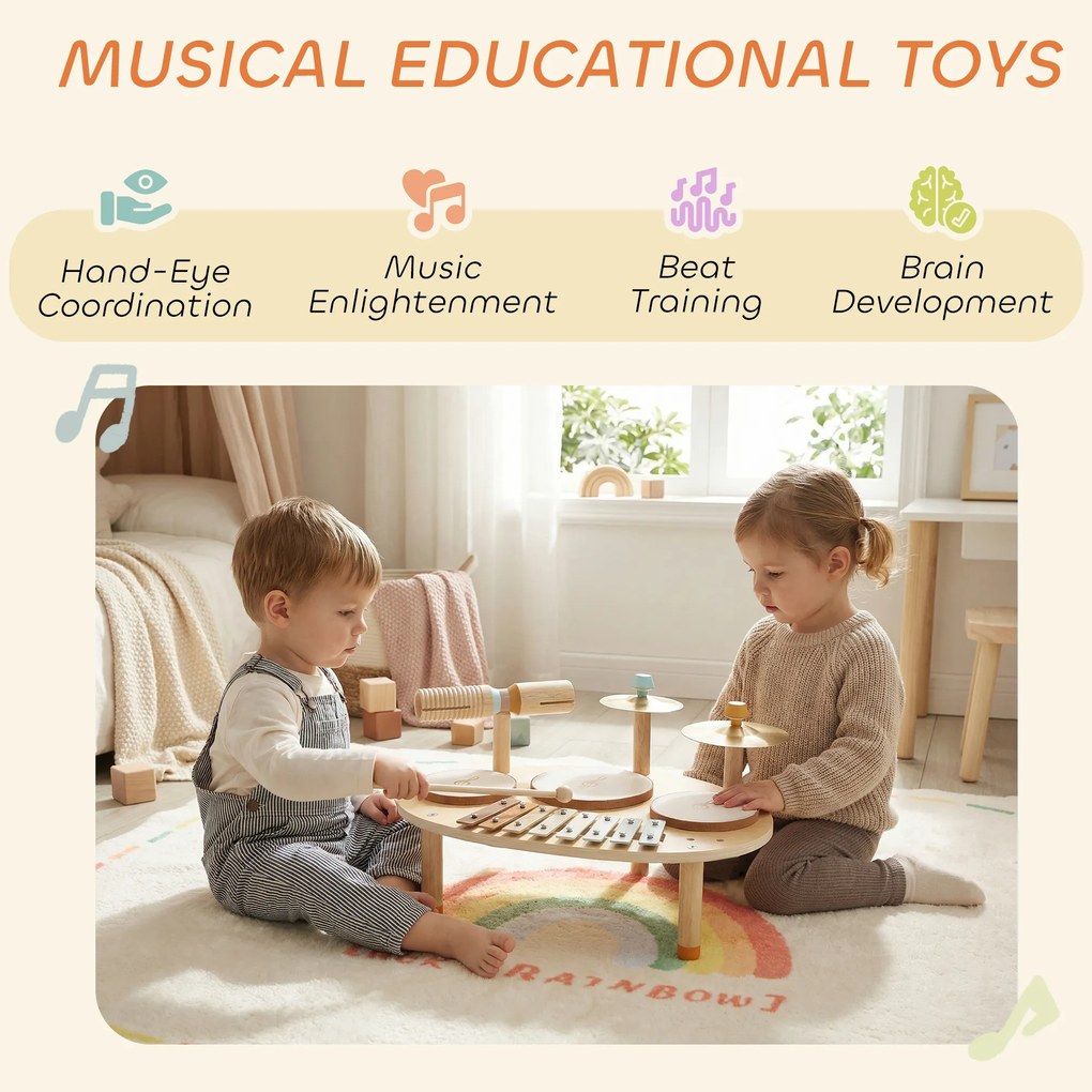 AIYAPLAY Zestaw Instrumentów Muzycznych 4-w-1 dla Dzieci z Bębnami, Ksylofonem i Perkusją – Montessori Zabawka Edukacyjna dla Dzieci od 2 Lat | Aosom PL