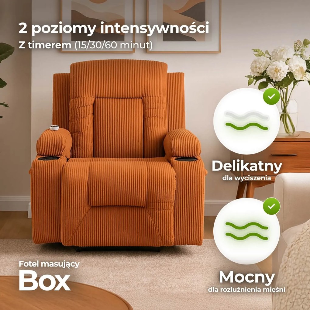 Fotel Masujący BOX Rozkładany Wypoczynkowy z Podnóżkiem Rudy Sztruksowy Nowoczesny