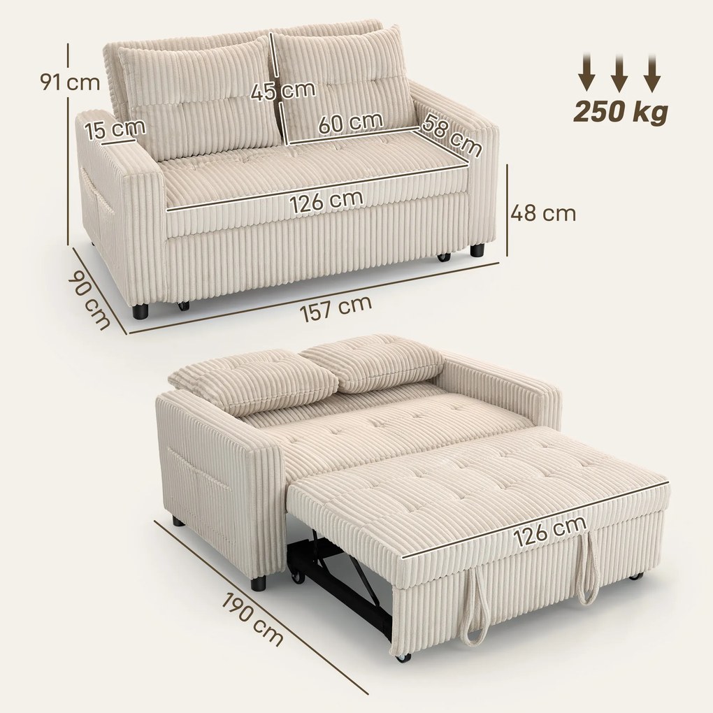 HOMCOM Sofa 2-osobowa z funkcją spania, sztruks, rozkładana, 2 poduszki, kieszenie boczne, 157 x 190 cm, Cremeweiß