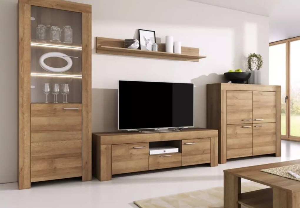 Szafka RTV Seel + półka wisząca 155 cm dąb riviera nowoczesny zestaw do salonu