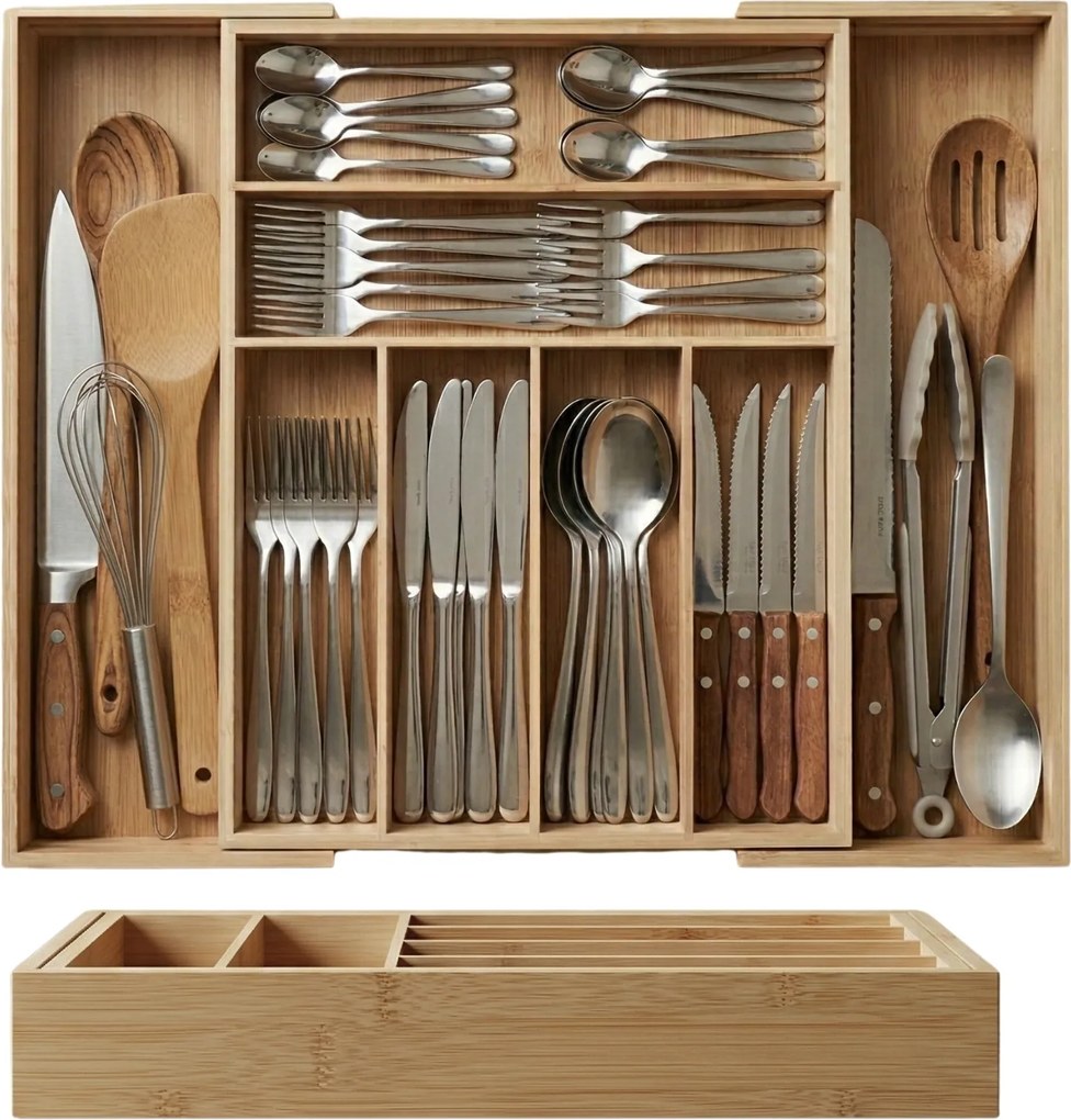 Rozkładany organizer na sztućce VARIO, 53 x 33-43 cm, bambus