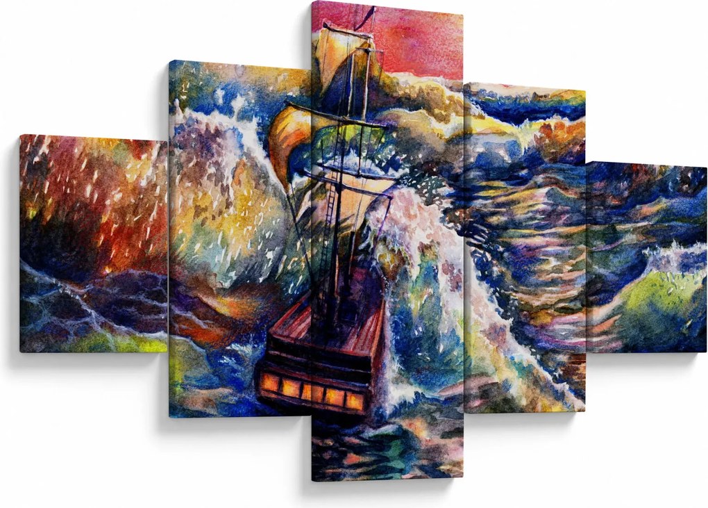 Obraz - Statek na falach oceanu, akwarela (125x70 cm)