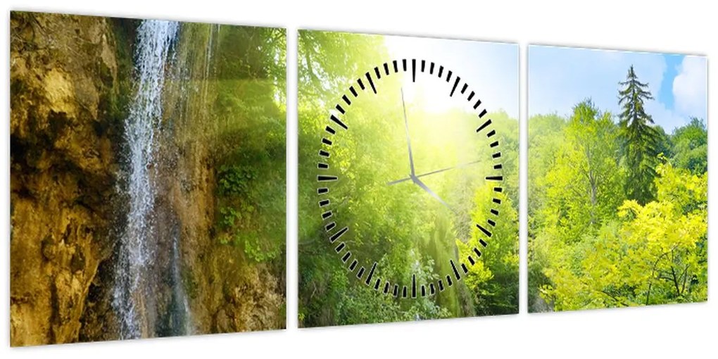 Obraz - wodospady w pralesie (z zegarem) (90x30 cm)