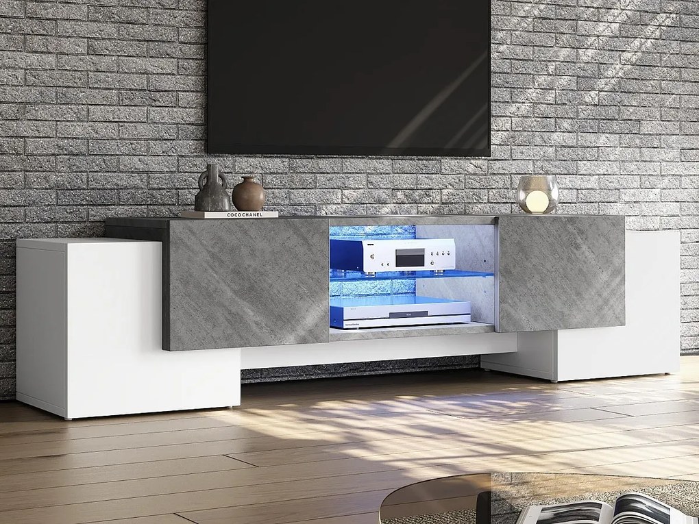 Szafka pod telewizor - z 4 drzwiami - z oświetleniem LED - dla telewizorów 80/75/70/65/55 cali - biały + szary