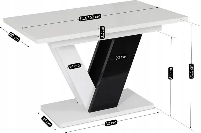 Stół Prostokątny Rozkładany CLARK 120-160 cm Czarny/Biały Połysk Glamour