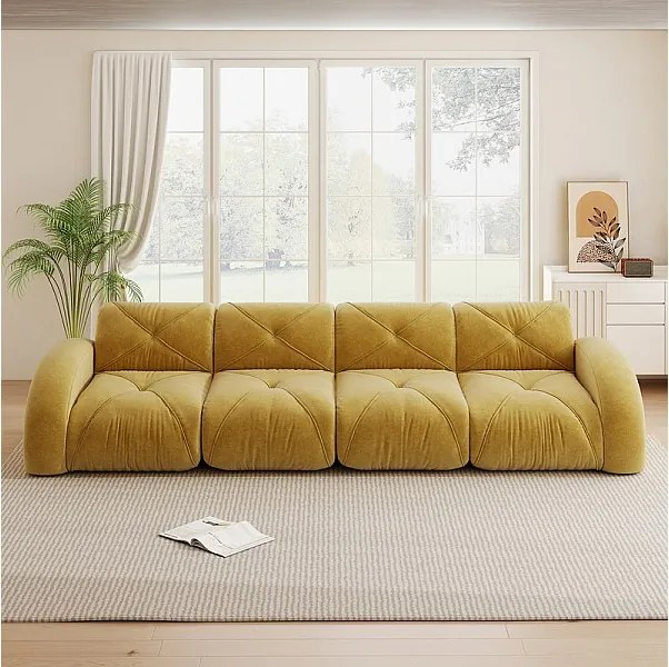 Canapé 4 places modulable en tissu chenille, 358x95x76cm, Jaune