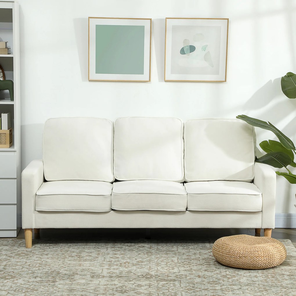 HOMCOM 3-osobowa sofa z grubymi poduszkami, drewno kauczukowe, pokrycie materiałowe, tapicerowana sofa do salonu, biura, sypialni, kremowa