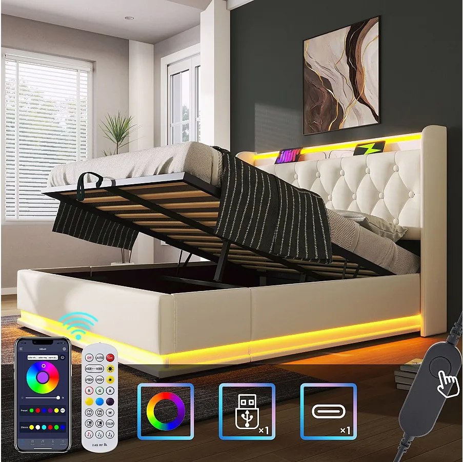 Łóżko z pojemnikiem 180 x 200 cm i zagłówkiem - Gniazda USB i diody LED - Skóra ekologiczna - Wzór guzików - Białe (bez materaca)