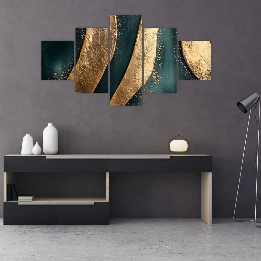 Obraz - Zielona abstrakcja ze złotem I. (125x70 cm)