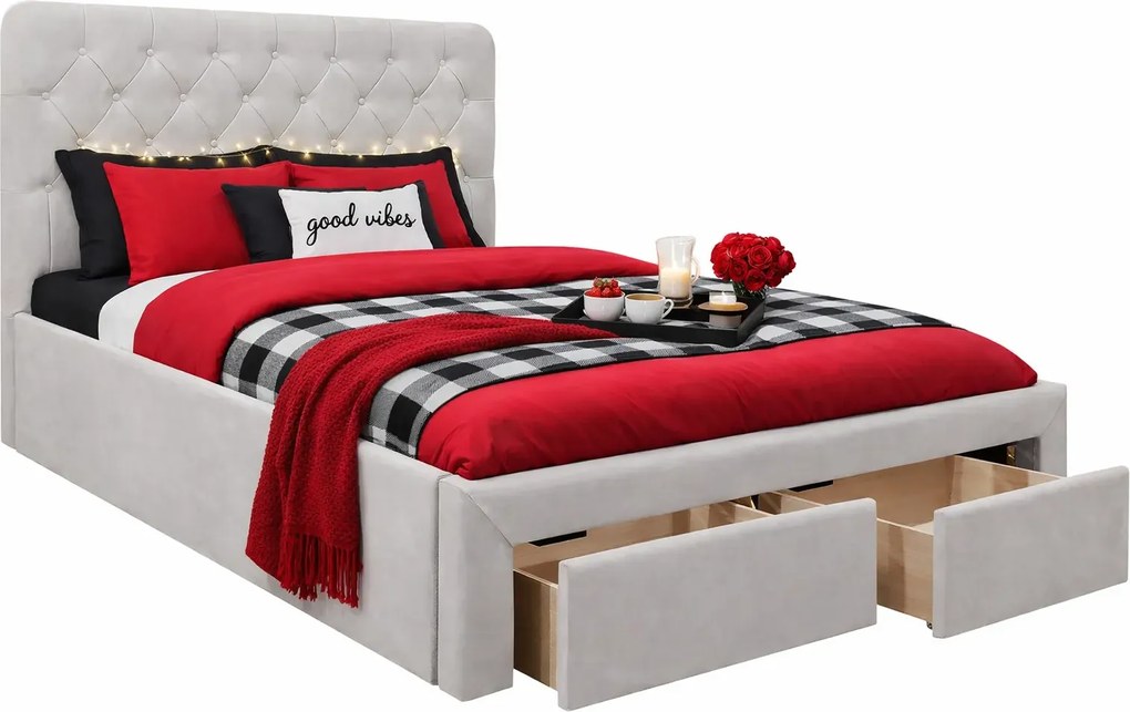 Łóżko beżowe tapicerowane z szufladami R3-Z28