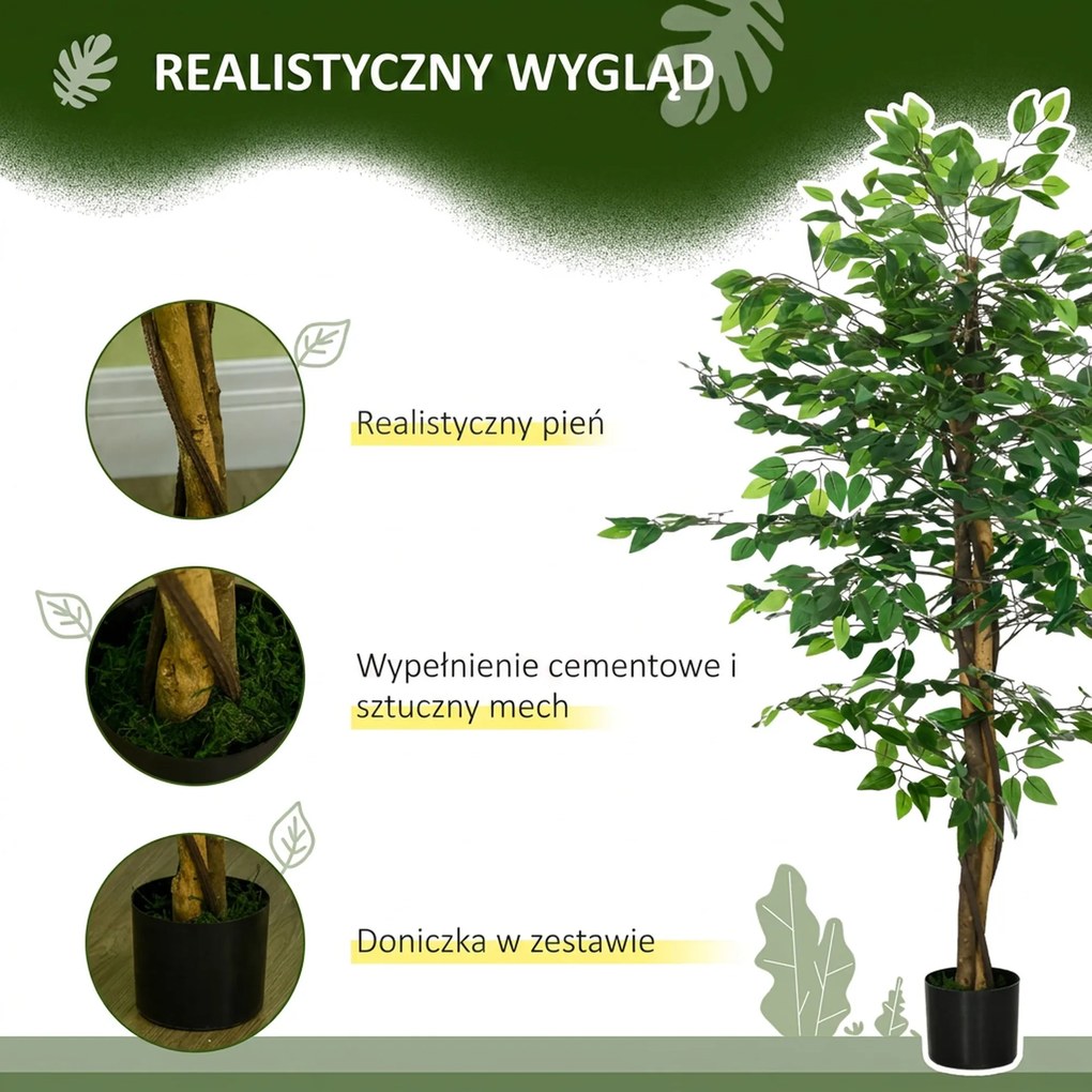 HOMCOM Sztuczny Ficus w Doniczce, Naturalny Wygląd, 150 cm Wysokości, Zielony