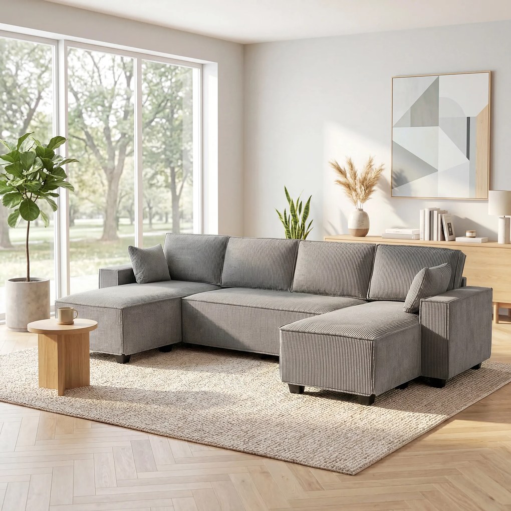 HOMCOM Narożnik z podwójnymi szezlongami, sofa w kształcie litery U z sztruksu, szerokie i głębokie siedzisko, sprężyny kieszeniowe, Jasnoszary | Aosom PL