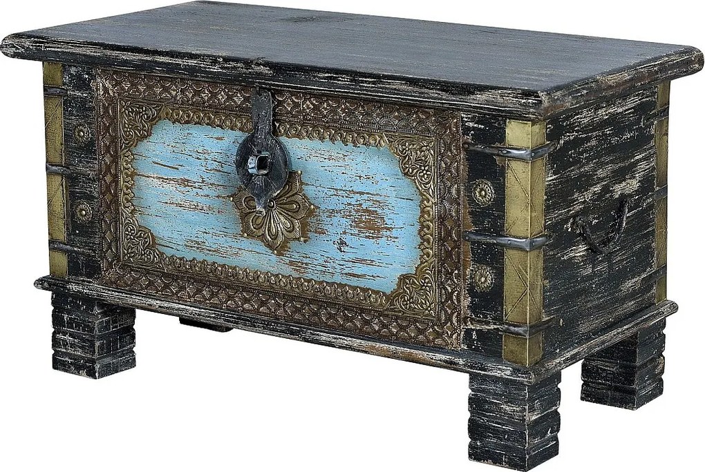 Skrzynia z czarnego drewna manguier z niebieskimi detalami