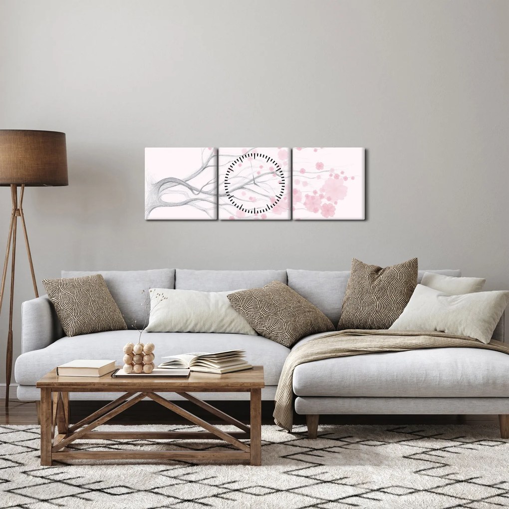 Obraz - Różowe kwiaty (z zegarem) (90x30 cm)