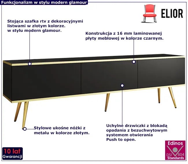 Czarna szafka pod TV na złotych nóżkach Bervox