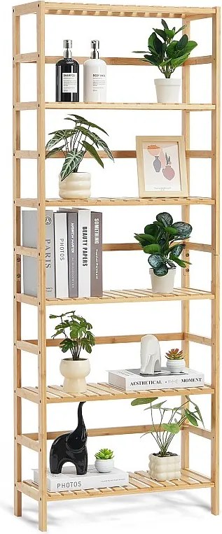 Biblioteczka Bambusowa 6-Poziomowa SucceBuy, Regał Drabinkowy, Prostokątna Półka Do Przechowywania